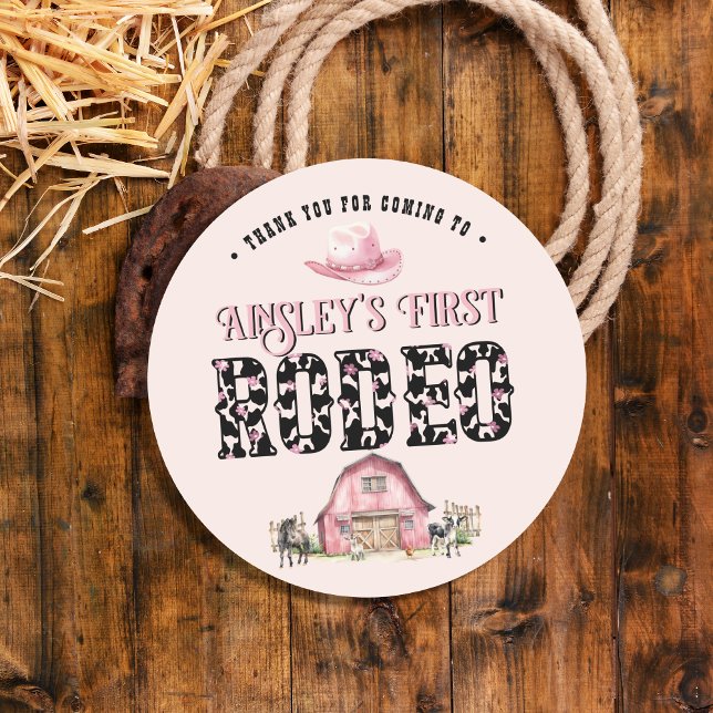 First Rodeo Cute Pink Personalised 1st Birthday Classic Round Sticker (Creator Uploaded)