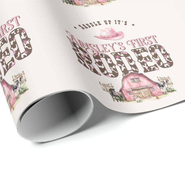 First Rodeo Cute Pink Personalised 1st Birthday Wrapping Paper (Roll Corner)