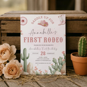 First Rodeo Girl Birthday Invitation, Pink Western Invitation
