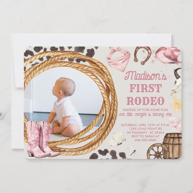 First Rodeo Girl Pink Western Birthday Party Photo Invitation (Front)