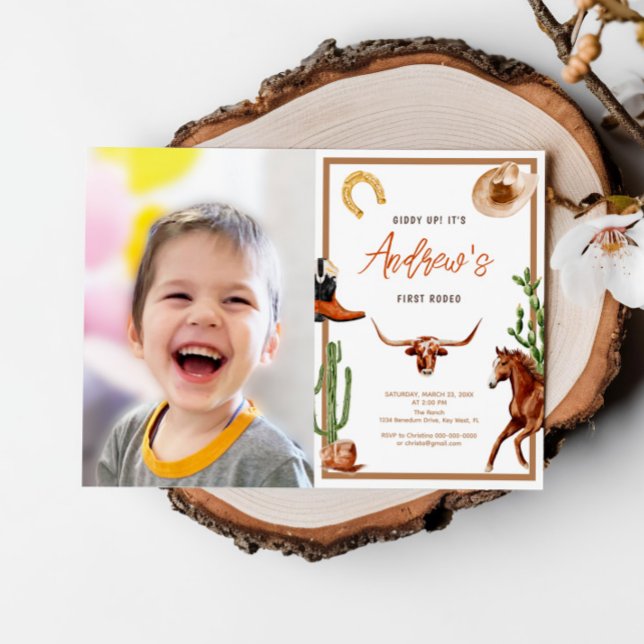 First Rodeo Modern Southern Cowboy Photo Birthday Invitation (Creator Uploaded)