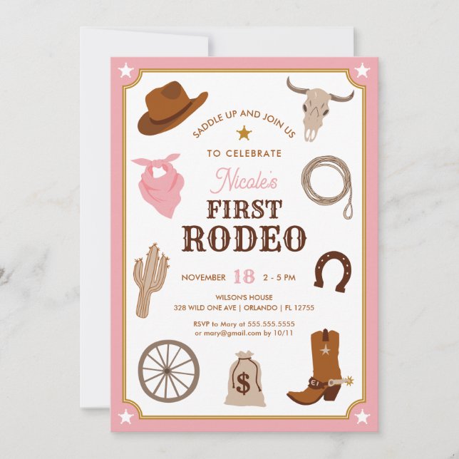 First Rodeo Pink Cowgirl Wild West First Birthday Invitation (Front)
