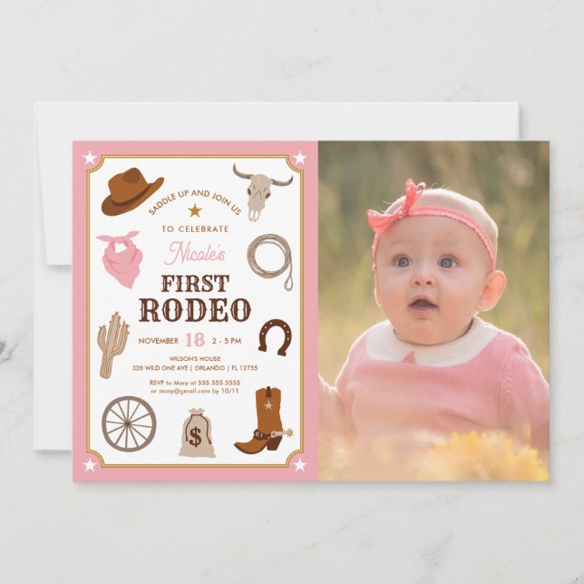 First Rodeo Pink Girl Wild West 1st Birthday Photo Invitation (Front)