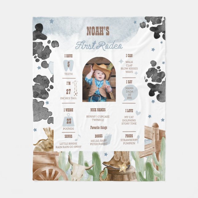 First Rodeo Rustic Wild West Milestone Sign  Fleece Blanket (Front)