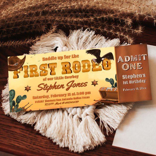 First Rodeo Ticket  Invitation (First Rodeo -  Boy 1st Birthday Cowboy Ticket Invitation)