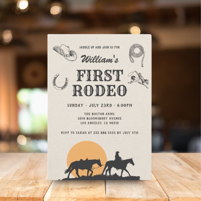 First Rodeo Vintage Neutral Cowboy 1st Birthday Invitation (Creator Uploaded)