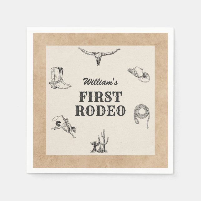First Rodeo Vintage Neutral Cowboy 1st Birthday Napkin (Front)
