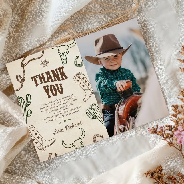 First Rodeo Western Boy 1st Birthday Photo Thank You Card (Creator Uploaded)