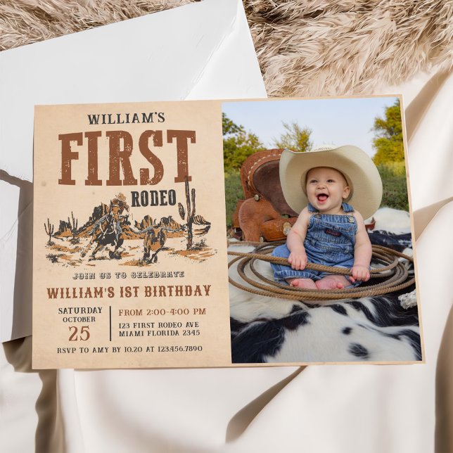 First Rodeo Western Cowboy 1st Birthday Photo Invitation (Creator Uploaded)