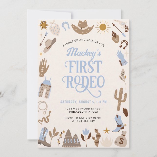First Rodeo Western Cowboy Blue Birthday Invitation (Front)