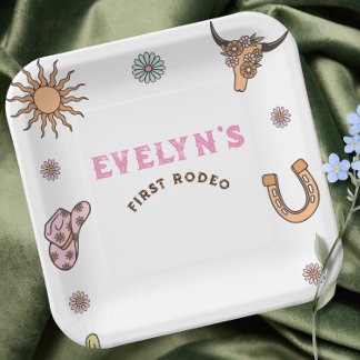 First Rodeo Western Cowboy Boho Birthday  Paper Plate