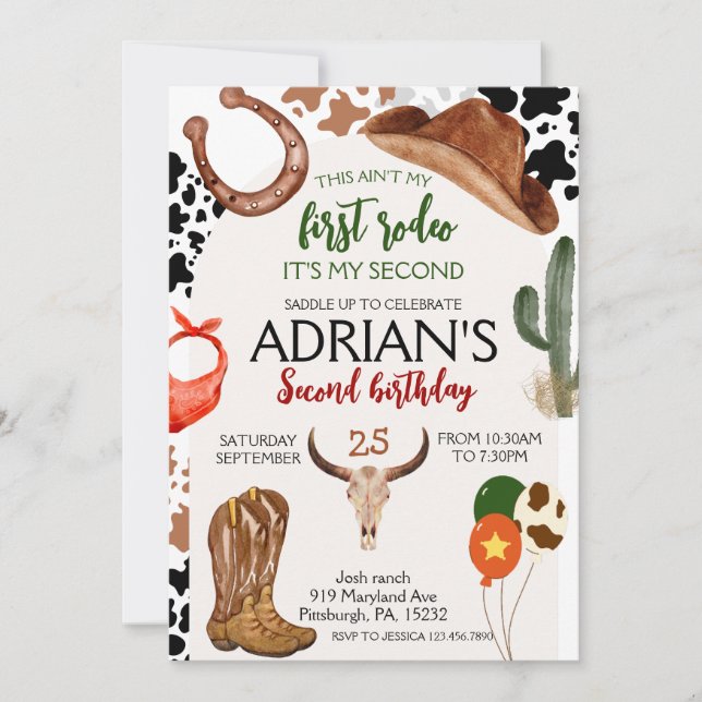 First Rodeo Western Cowboy Second Birthday Invitation (Front)