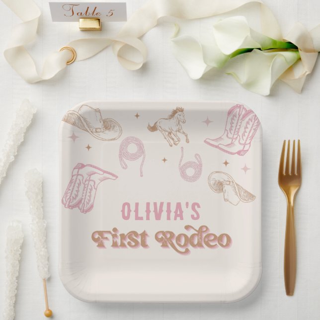 First Rodeo Western Pink Cowgirl Birthday  Paper Plate (Wedding)