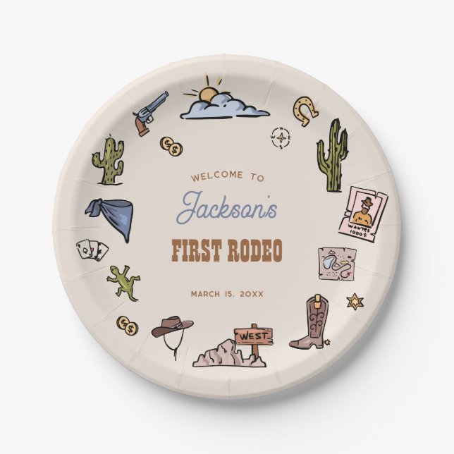 First Rodeo Western Themed Cowboy Birthday Paper Plate (Front)