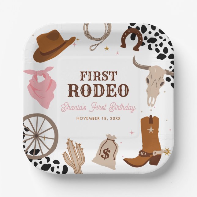 First Rodeo Western Wild West Girl First Birthday Paper Plate (Front)