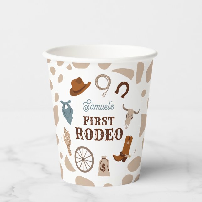 First Rodeo Wild West Beige Boy First Birthday Paper Cups (Front)