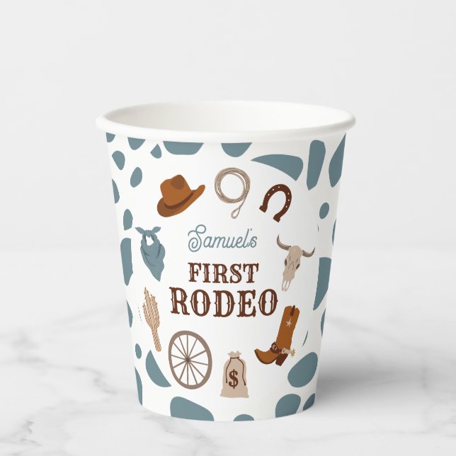 First Rodeo Wild West Blue Boy First Birthday Paper Cups (Front)