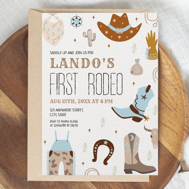 First Rodeo Wild West Blue Cowboy 1st Birthday Invitation (Boy's first rodeo)