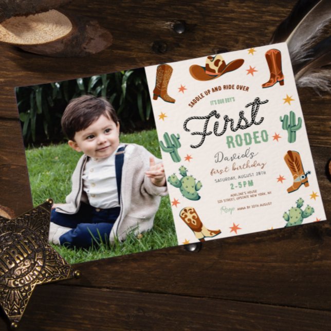 First rodeo Wild West Boy 1st Birthday Photo Invitation (Baby Boy first rodeo wild west invitation cowboy photo invitation digital editable template cute)
