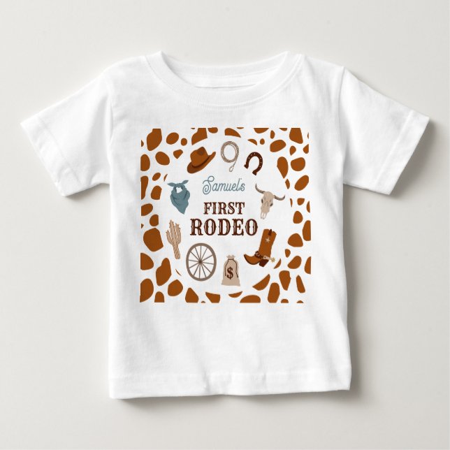 First Rodeo Wild West Brown Boy First Birthday Baby T-Shirt (Front)