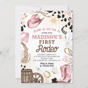 First Rodeo Wild West Cowgirl Pink Girl Birthday Invitation