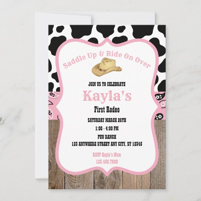 First Rodeo Wild West Cowgirl Pink Girl Birthday Invitation (Front)