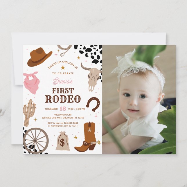 First Rodeo Wild West Girl First Birthday Photo Invitation (Front)