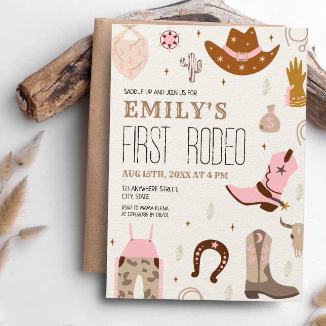First Rodeo Wild West Pink Cowgirl 1st Birthday Invitation (First Rodeo - Pink Girl's 1st birthday)