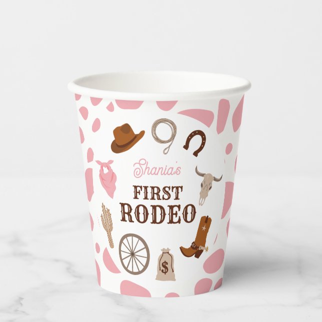 First Rodeo Wild West Pink Girl First Birthday Paper Cups (Front)