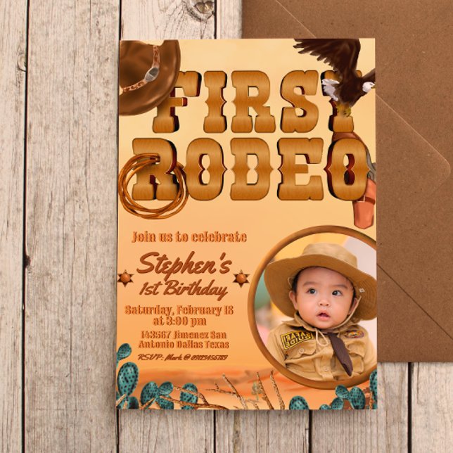 First Rodeo with Photo Invitation (First Rodeo -  Boy 1st Birthday Cowboy Invitation with Picture)