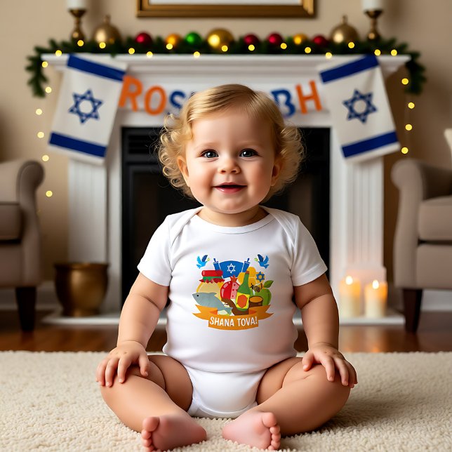 🍯 🍎🐟 First Rosh Hashanah with custom text Baby Bodysuit (🍯 🍎🐟 First Rosh Hashanah with custom text Baby Bodysuit)
