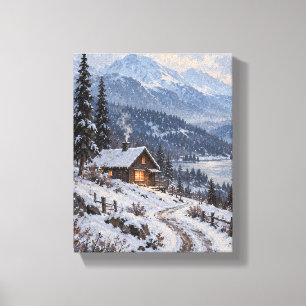 First Snow at the Cool Blue Cabin – Winter Landsca Canvas Print