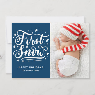 First Snow Hand Lettered Blue First Christmas Holiday Card