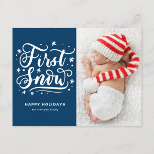 First Snow Hand Lettered Blue First Christmas Holiday Postcard