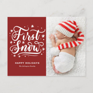 First Snow Hand Lettered Red First Christmas Holiday Postcard