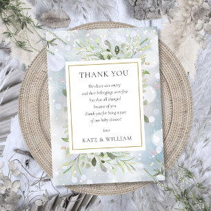 First Snowflakes Baby Shower Poem Leaves Greenery Thank You Card