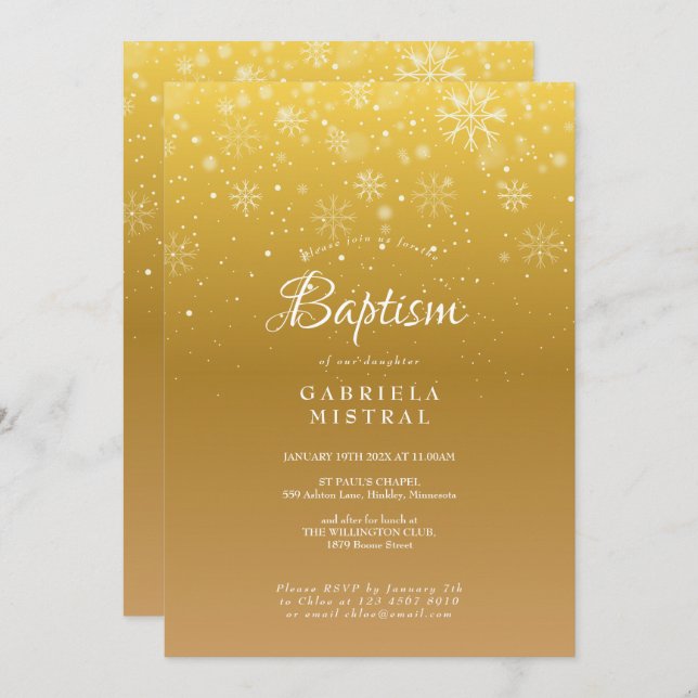 First Snowflakes Gold Baptism Christening Invitation (Front/Back)