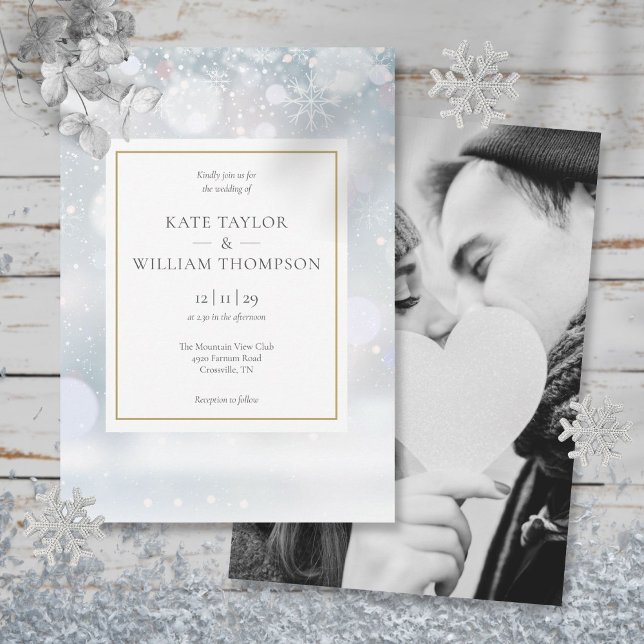 First Snowflakes Gold Photo Winter Wedding Invitation (Creator Uploaded)