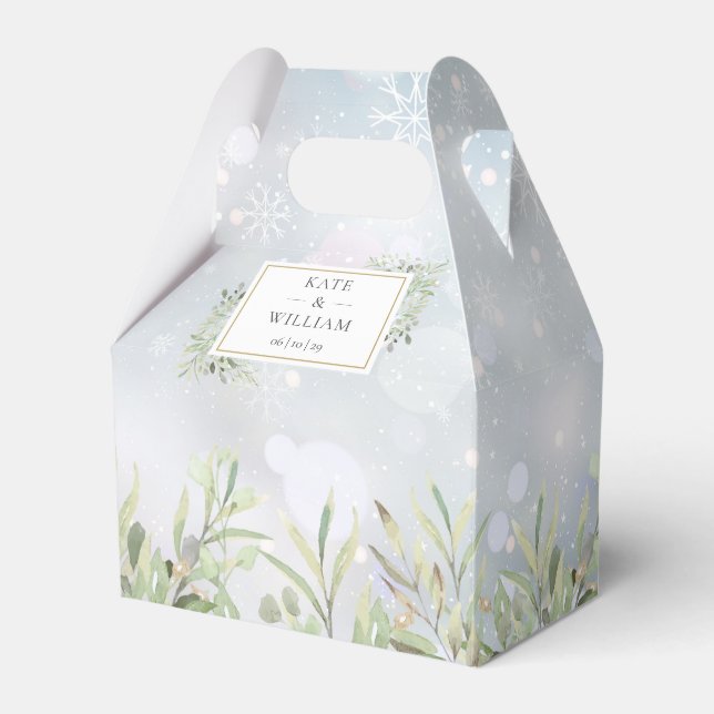 First Snowflakes Greenery Winter Wedding Favour Box (Front Side)