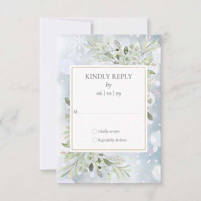First Snowflakes Greenery Winter Wedding RSVP Card (Front)