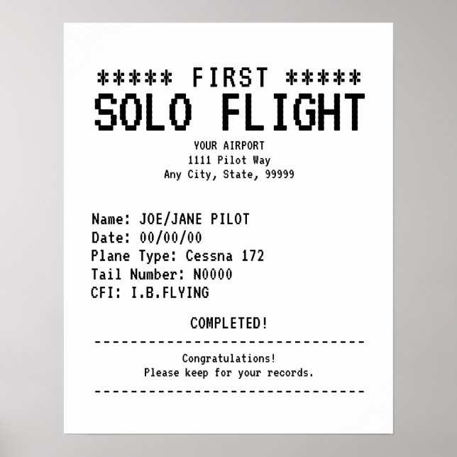 First Solo Flight Congratulations Poster (Front)