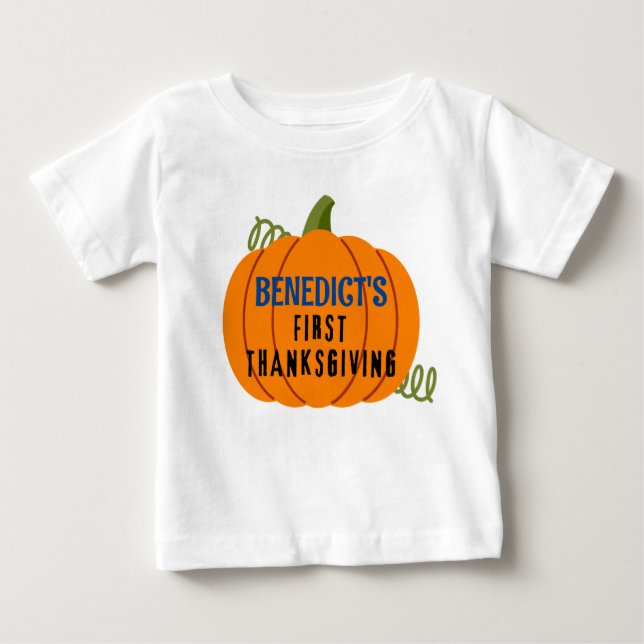 First Thanksgiving Pumpkin Personalised Name Baby T-Shirt (Front)