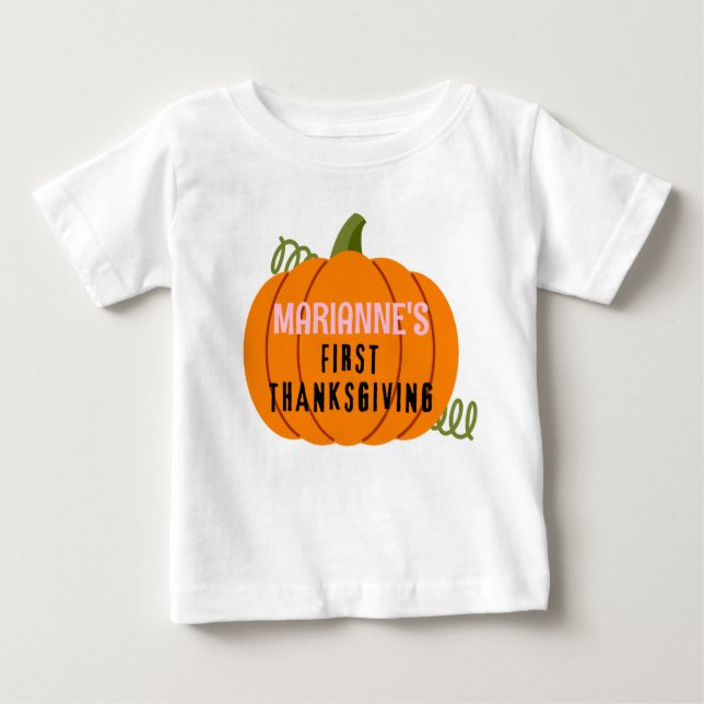 First Thanksgiving Pumpkin Personalised Name Baby T-Shirt (Front)