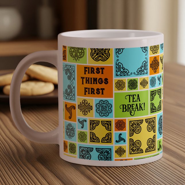 First Things First Tea Break! Funny Magenta & Blue Large Coffee Mug (Creator Uploaded)