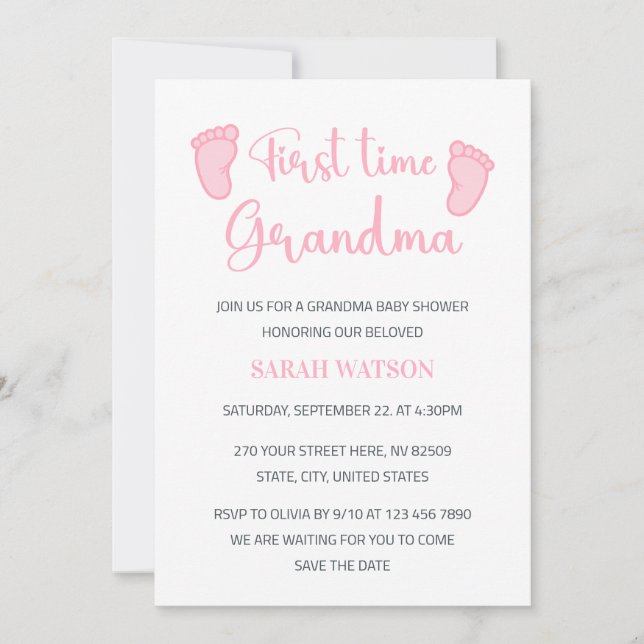 First Time Grandma Baby Girl Feet Shower Invitation (Front)