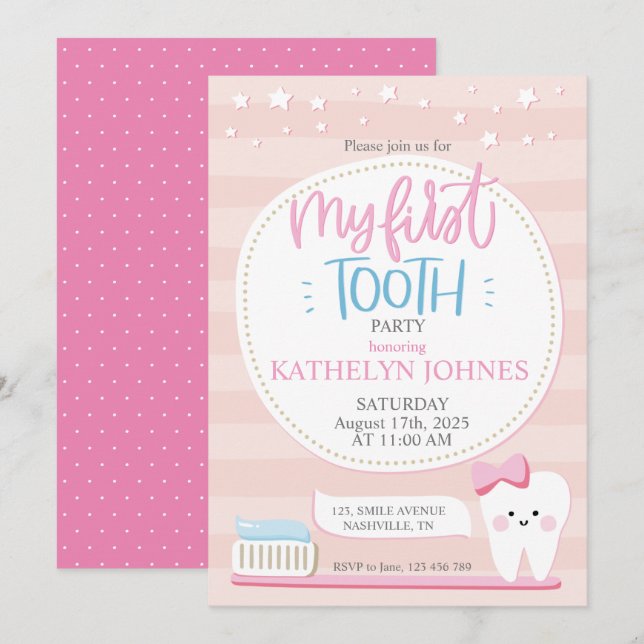 First Tooth Baby girl party invitation (Front/Back)