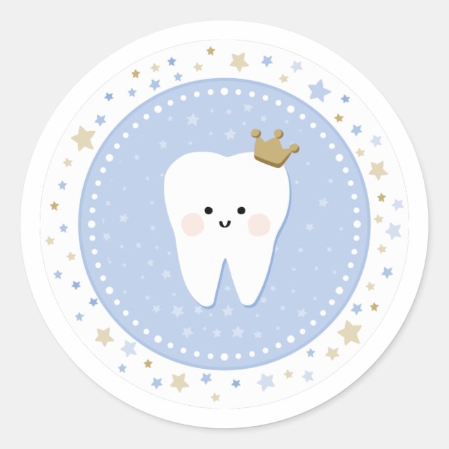First Tooth party decoration. For baby boy. Classic Round Sticker (Front)