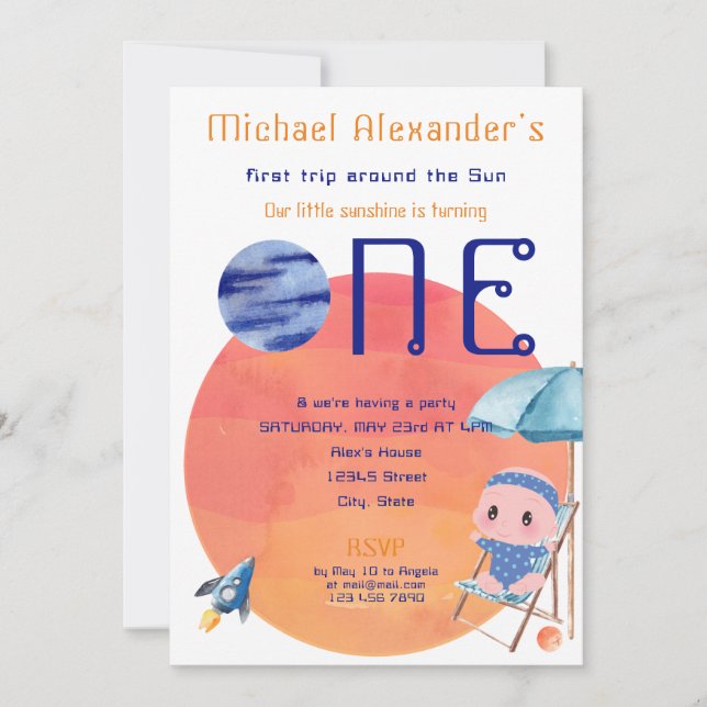First Trip Around Sun Baby Boy 1st Birthday Photo Invitation (Front)