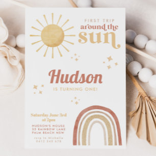 First Trip Around Sun Boho Rainbow 1st Birthday Invitation