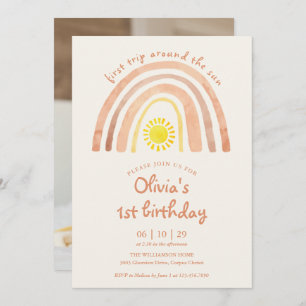 First Trip Around Sun Rainbow Photo 1st Birthday Invitation